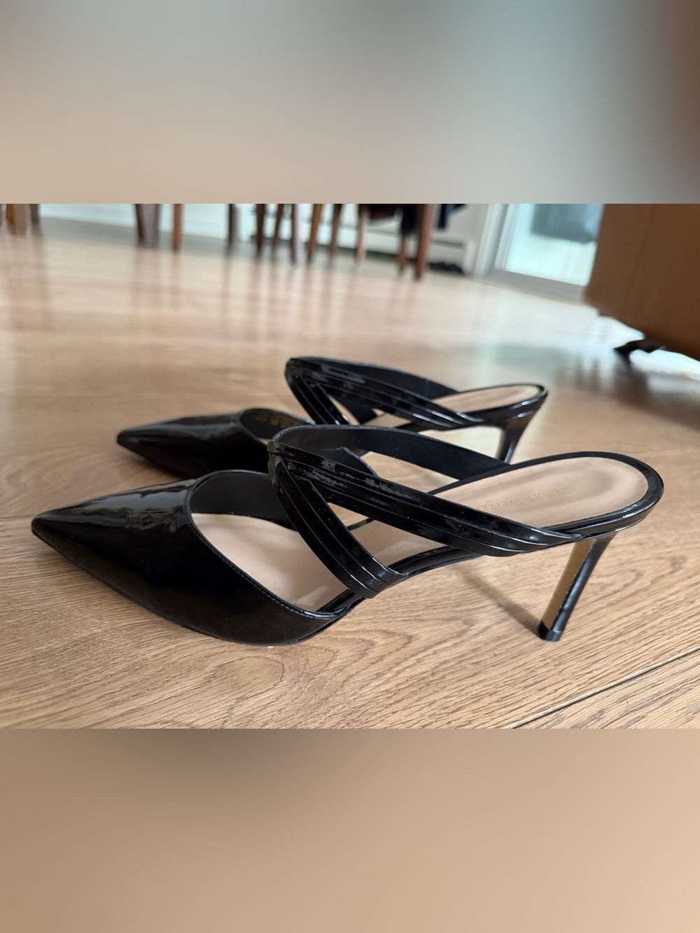 Stuart Weitzman Black Patent Leather Pointed Slingback Mules